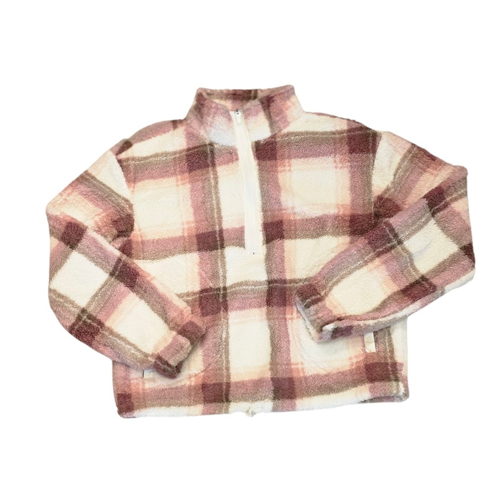 NWT Boundaries Sherpa Fleece Pullover Teen 16-18 Pink Plaid Half Zip